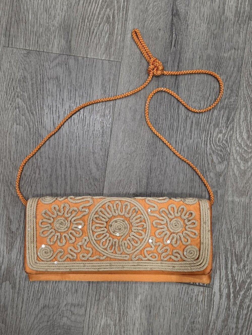 Vintage Kate Landry Orange Embroidered Clutch With Braided Strap & Floral Design